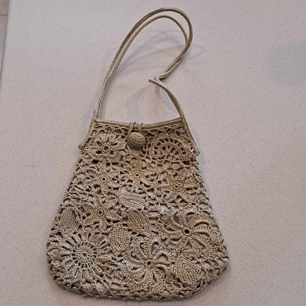 Crochet Evening Bag by Tote Le Monte  Mini Bag Floral Motif Satin Interior